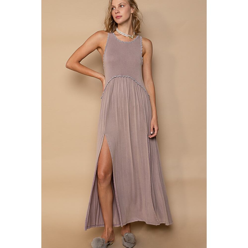 POL Taupe Grey Sleeveless Raceback Babydoll Front Slit Maxi Dress